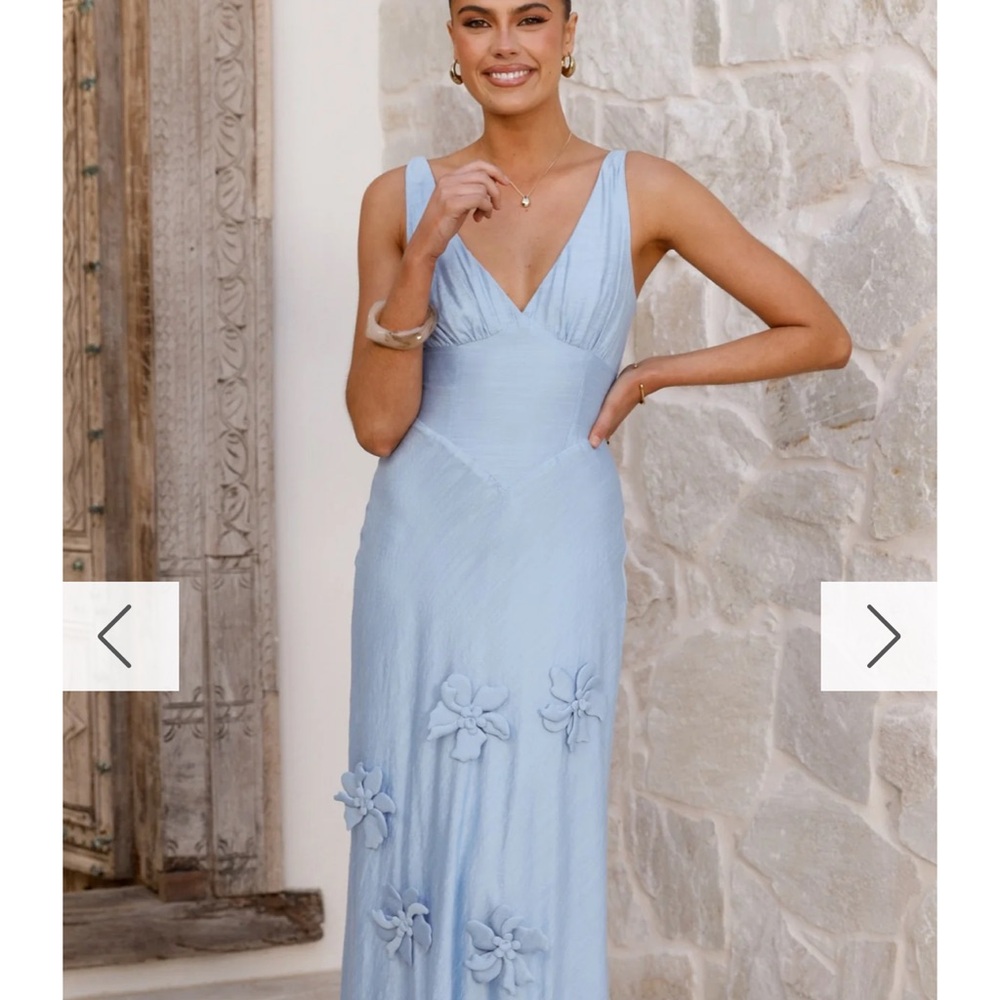 Elegant Light Blue Maxi Dress with Floral Details